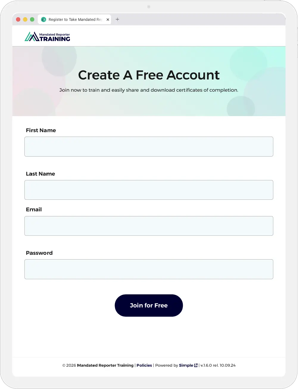 a screenshot of the sign up fornn